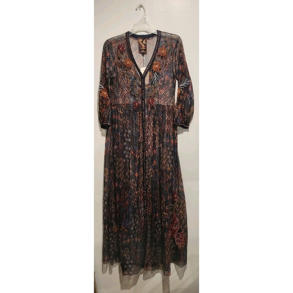 Johnny Was Theia Mesh Monika Floral-Geo Sheer Maxi Dress Size S NWT No Slip